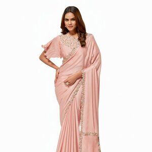 Exquisite Women's Embroidered Satin Silk Pink Saree Perfect Traditional & Party